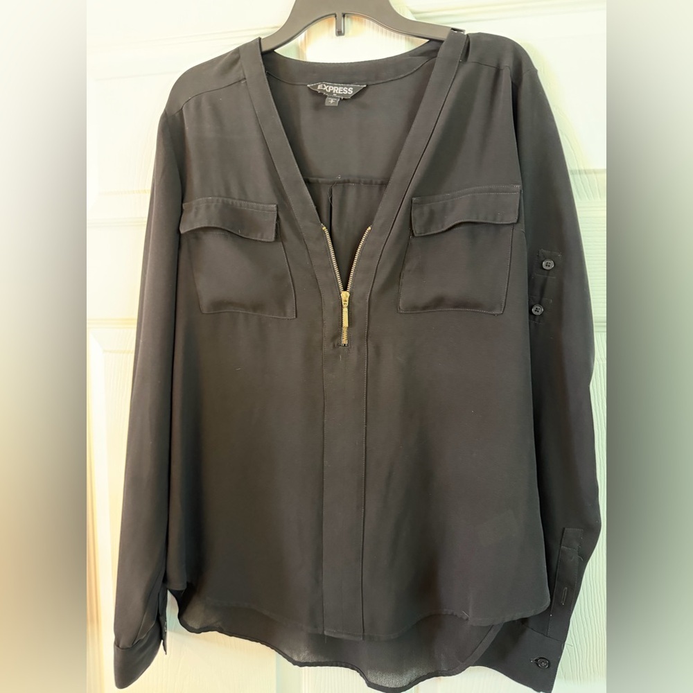 Express Black V-Neck Blouse with Zip Detail